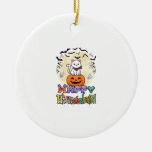 Ornamento De Cerâmica Feliz Halloween Gato Branco Abóbora Lua Morcegos F