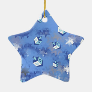 Ornamento De Cerâmica Feliz Hanukkah Estrelas Cadentes e Dreidels