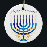 Ornamento De Cerâmica Feliz Hanukkah menorah velas de ouro amarelas<br><div class="desc">Feita à mão,  o enfeite azul de Hanukkah e amarelo de Menorah. Personalize a mensagem.</div>