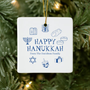 Ornamento De Cerâmica Feliz Hanukkah, nome de família personalizado azu
