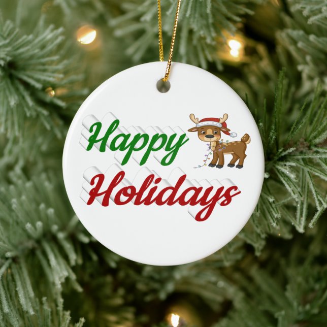 Ornamento De Cerâmica Feliz Holidays Reindeer Script de Natal (Árvore)