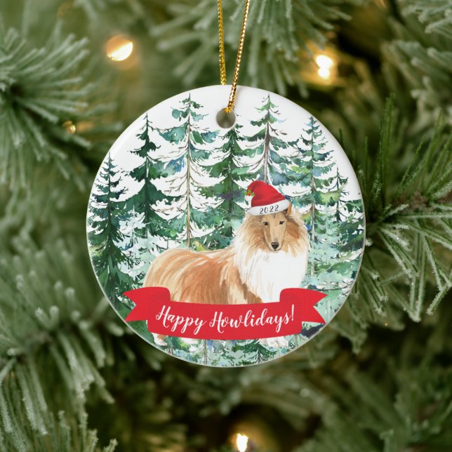 Ornamento De Cerâmica Feliz Howlidays Rough Collie Dog Christmas Ornamen (Árvore)