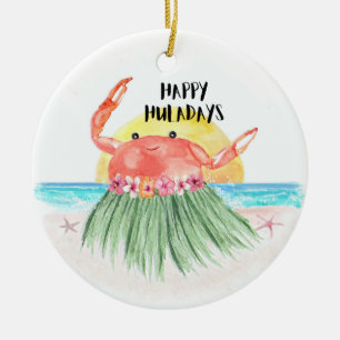 Ornamento De Cerâmica Feliz Huladays Crab Tropical Beach Natal