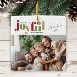 Ornamento De Cerâmica Feliz Joyful 2 Foto Natal<br><div class="desc">Um Enfeites de natal fotográfico com a palavra "alegre" em um texto lúdico e cores festivas. O design oferece espaço para uma foto na frente e outra atrás.</div>