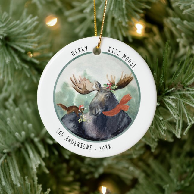 Ornamento De Cerâmica Feliz Kiss Moose | Inverno de Natal russo (Árvore)