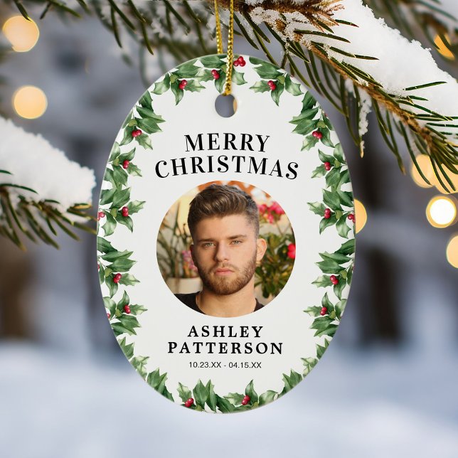 Ornamento De Cerâmica Feliz Memorial de Natal Holly (Criador carregado)