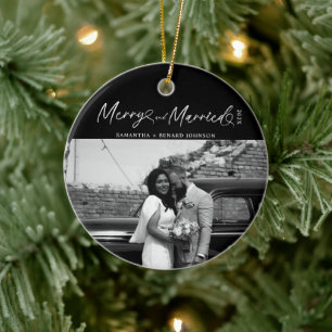 Ornamento De Cerâmica Feliz moderna e Natal recém casado