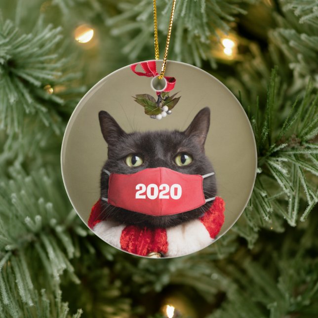 Ornamento De Cerâmica Feliz Natal 2020 Gato em Máscara Covid (Árvore)