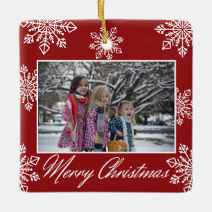 Ornamento De Cerâmica Feliz Natal 2 Foto Flocos de Neve Vermelhos e Bran