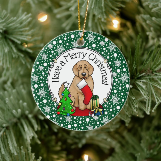 Ornamento De Cerâmica Feliz Natal 2 Goldendoodle (ouro vermelho) (Árvore)