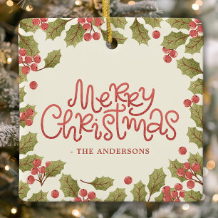Ornamento De Cerâmica Feliz Natal Aquarela Folhas de Azevinho