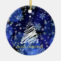 "Feliz Natal" Árvore branca sobre azul profundo