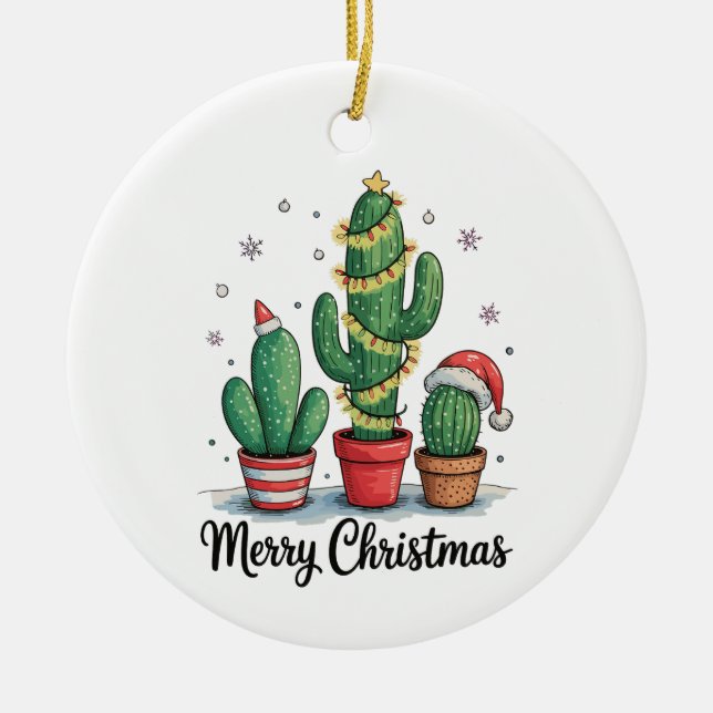 Ornamento De Cerâmica Feliz Natal Árvore de Cactus Festivo Luzes de Nata (Frente)