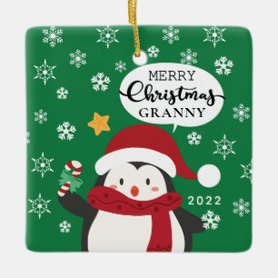Ornamento De Cerâmica Feliz Natal Avó Pinguim