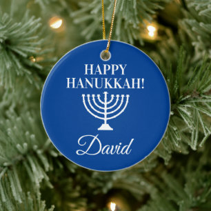 Ornamento De Cerâmica Feliz Natal azul em Hanukkah, personalizado judeu