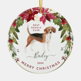 Ornamento De Cerâmica Feliz Natal Beagle | Adicione a foto do seu cão