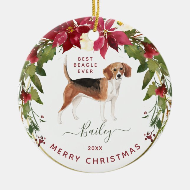 Ornamento De Cerâmica Feliz Natal Beagle | Adicione a foto do seu cão (Frente)