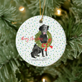Ornamento De Cerâmica Feliz Natal Black Lab Dog Wreath Holly Family