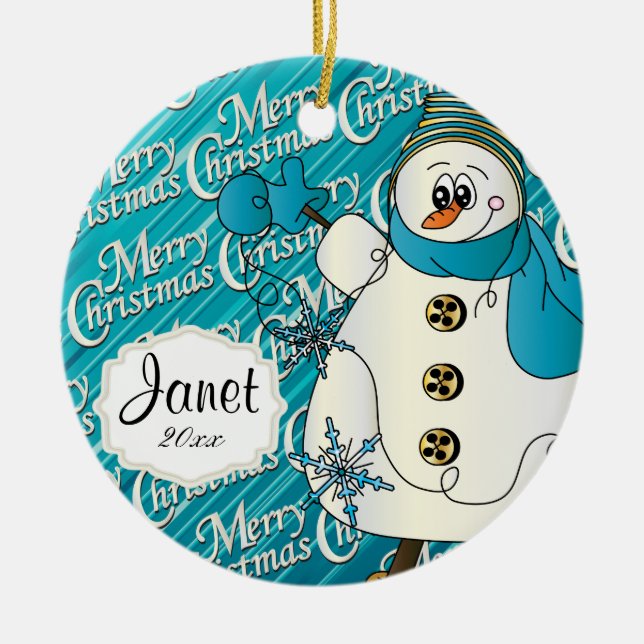 Ornamento De Cerâmica Feliz Natal Blue Snowman (Frente)