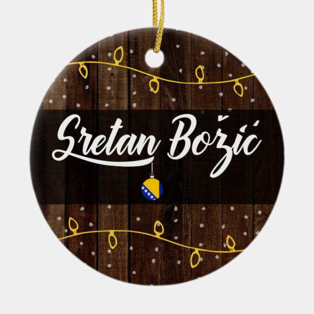 Ornamento De Cerâmica Feliz Natal bosniano, Sretan Božić rústico (Frente)