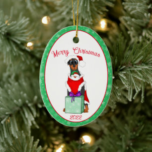 Ornamento De Cerâmica Feliz Natal Cachorro Doberman Fofo Vestido de Papa