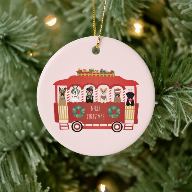 Ornamento De Cerâmica Feliz Natal Cães Feriado Trolly (Árvore)