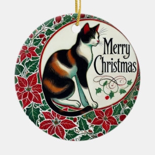 Ornamento De Cerâmica Feliz Natal Calico Cat