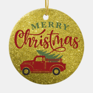 Ornamento De Cerâmica Feliz Natal Caminhão Vermelho Brilhante Árvore de