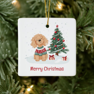 Ornamento De Cerâmica Feliz Natal Cão de Goldendoodle