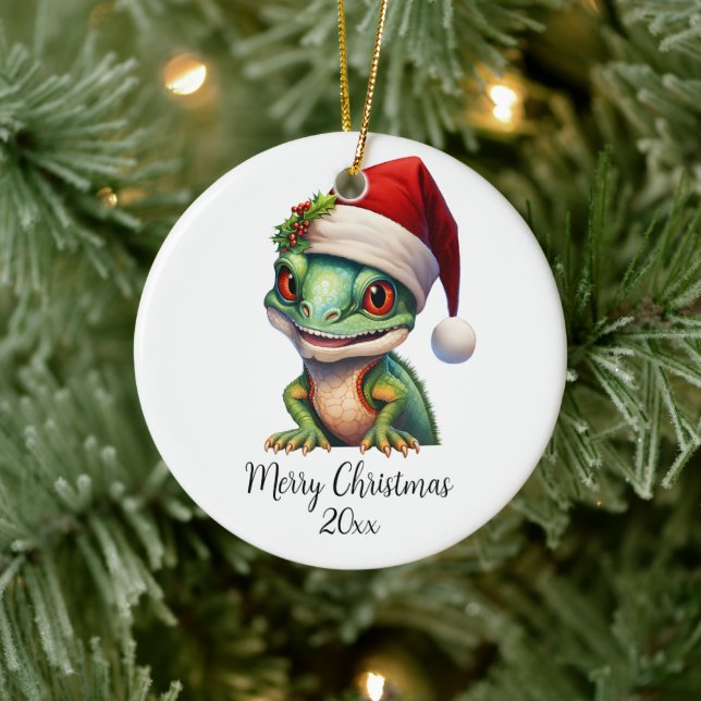 Ornamento De Cerâmica Feliz Natal Chameleon Santa Hat Holly Personalizad (Árvore)
