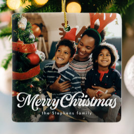 Ornamento De Cerâmica Feliz Natal clássico e simples feriado fotográfico