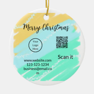 Ornamento De Cerâmica Feliz Natal Código QR comercial amarelo verde