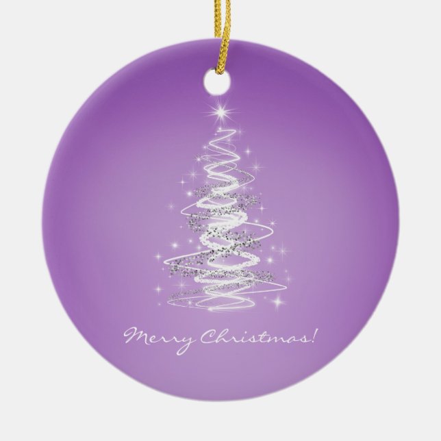 Ornamento De Cerâmica Feliz Natal com a árvore no roxo (Frente)