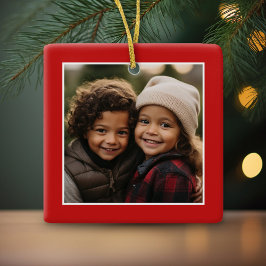 Ornamento De Cerâmica Feliz Natal com uma foto quadrada - vermelho