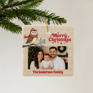 Ornamento De Cerâmica Feliz Natal - Coruja-Burlap, com foto vermelha, be