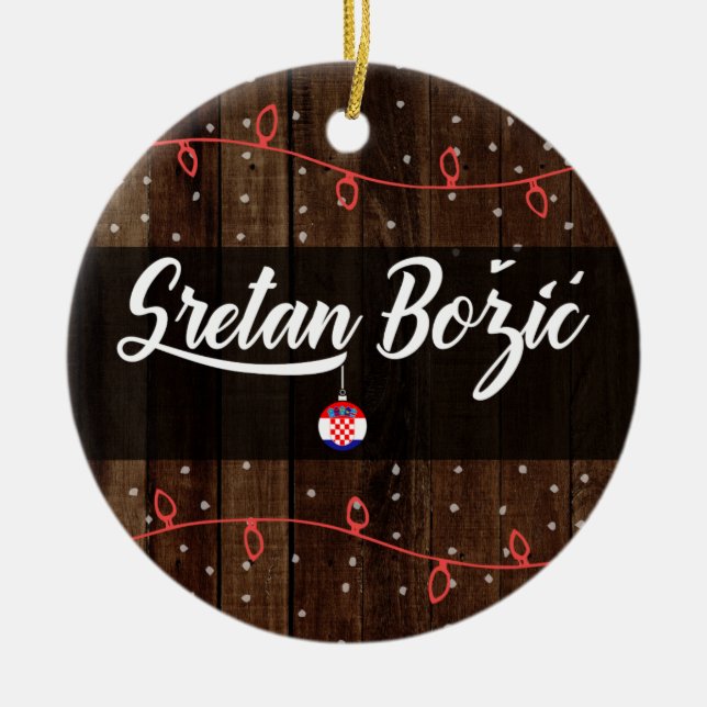 Ornamento De Cerâmica Feliz Natal croata, Sretan Božić rústico (Frente)
