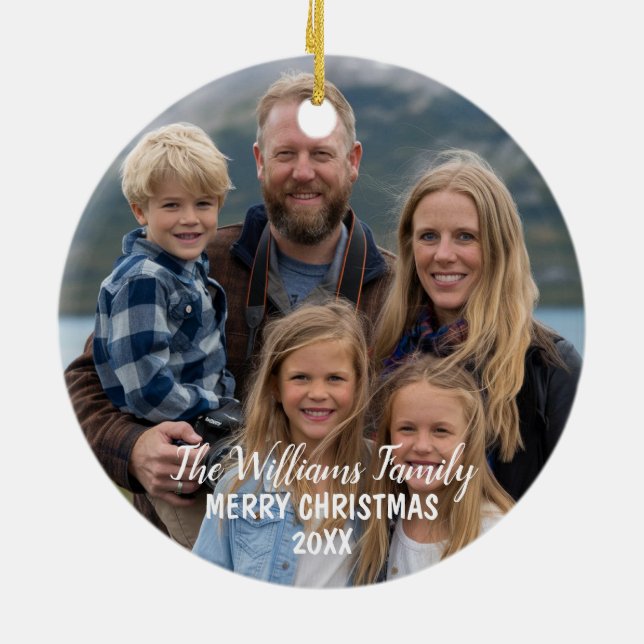 Ornamento De Cerâmica Feliz Natal da família Elegant Script (Traseira)