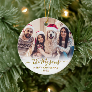 Ornamento De Cerâmica Feliz Natal da família Elegante Dourada Script