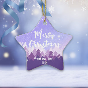 Ornamento De Cerâmica Feliz Natal da Floresta de Neve Pacífica e Púrpura