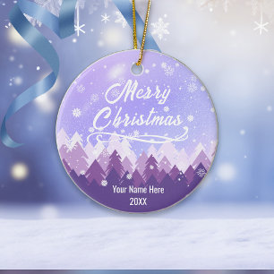 Ornamento De Cerâmica Feliz Natal da Floresta de Neve Pacífica e Púrpura