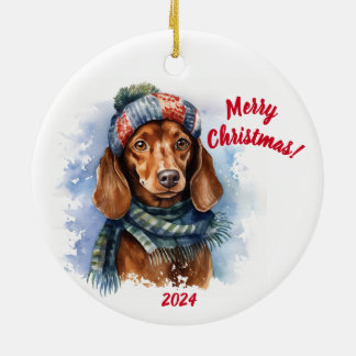 Ornamento De Cerâmica Feliz Natal Dachshund: Aquarela
