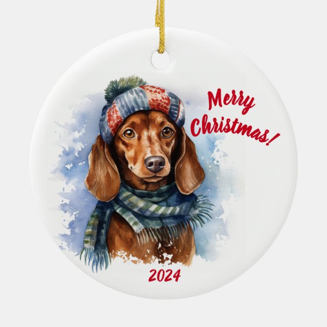 Ornamento De Cerâmica Feliz Natal Dachshund: Aquarela (Traseira)