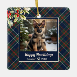 Ornamento De Cerâmica Feliz Natal de Cachorro Azul Xadrez