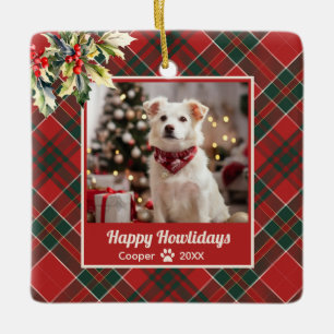 Ornamento De Cerâmica Feliz Natal de Cachorro Vermelho Xadrez