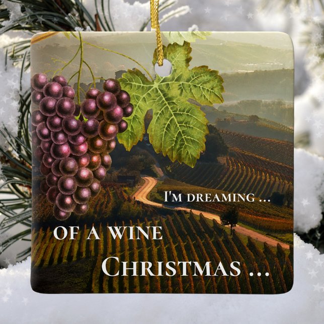 Ornamento De Cerâmica Feliz Natal de vinho personalizado (Ornament featuring a landscape scene with vineyards and an image of grapes with vine ranks)