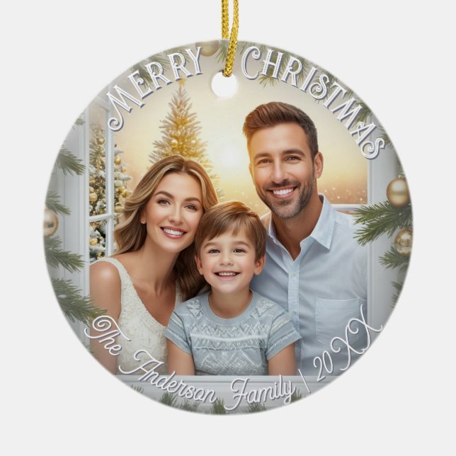 Ornamento De Cerâmica Feliz Natal do Na moda de Script Elegante (Frente)