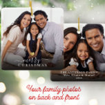 Ornamento De Cerâmica Feliz Natal Dourado Foto de Script Moderno do Cora<br><div class="desc">Um ornamento de fotos da família minimalista em uma design de tipografia de uma escrita moderna lendo Feliz Natal em um ouro impresso com sua foto favorita. Traga alegria aos seus entes queridos com este belo, simples e moderno presente de Natal. Os recursos de trás imprimiram seus nomes personalizados, ano...</div>