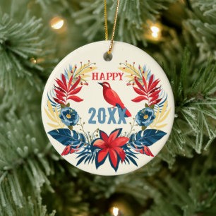 Ornamento De Cerâmica Feliz Natal e Feliz Ano Novo! 2025 Pássaro Vermelh