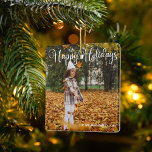 Ornamento De Cerâmica Feliz Natal Elegante Foto da Família Dupla Sida<br><div class="desc">Ornamento fotográfico Elegante Feliz Feriados com bela tipografia cursiva branca. Este presente de fotografia da família de férias moderna apresenta um belo roteiro e o seu nome em branco sobre a imagem de sangria do cheio. Personalize com uma segunda foto atrás.</div>