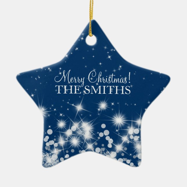 Ornamento De Cerâmica Feliz Natal Elegante Inverno Sparkle Royal Blue (Frente)